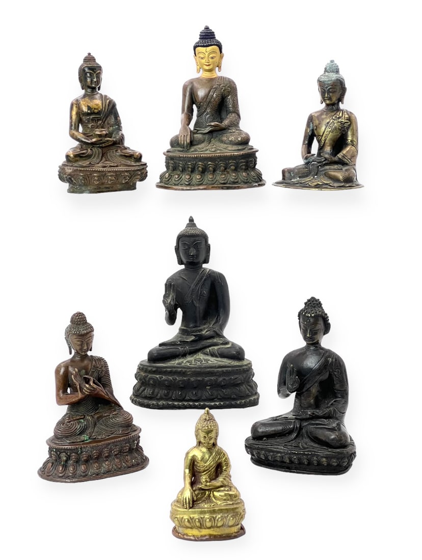 Lot of Seven Buddha Figures, Mostly Bronze. (1 of 3)