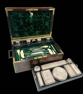 Antique Travel Case w/ Sterling & Crystal Bottles.: This is an Antique English fitted travel case, made by Edwards. The underside of the plush lid interior reads, "Edwards, Manufacturer to His Majesty, 21 King Street, Bloomsbury London" in stamped