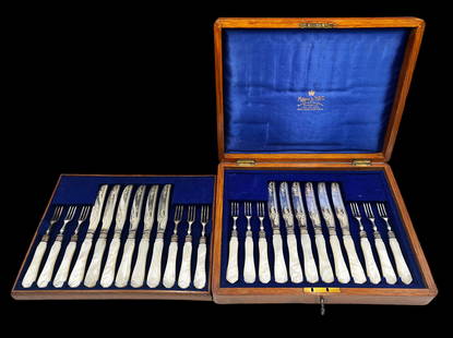Mappin & Webb 24 Pc. Mother of Pearl Dessert Set.: The wood storage case is included; it comes with a key. The set serves 12 - there are 12 forks and 12 knives. One of the knife handles is Cracked; otherwise, the set looks to be in Nice condition.