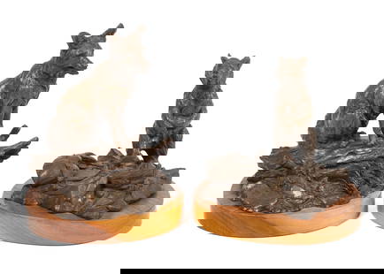 Lot of 2 Clark Bronson Bronzes- Fox & Bear.: The fox bronze is titled, "The Red Rascal". The bear with salmon is titled, "It's Mine!". Both are signed by the artist, and are on attached wood stands. Very Nice cosmetic condition. The larger one