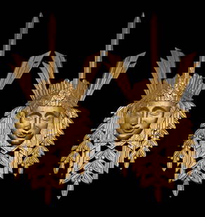 Pair of Art Deco Wall Sconces- Face w/ Crown.: These metal wall sconces look to be either bronze or brass, and are made to look like human faces. Each has a large pointed crown. There are some scratches and areas of Gilt Loss; overall, they look