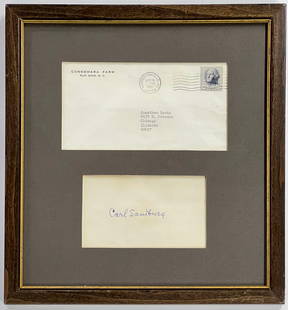 Framed Carl Sandburg Autograph w/ Envelope.: The Pieces are Framed and Protected under glass. The envelope is from Connemara Farm in Flat Rock, N.C. The postmark is dated 1965. The lot is in Very Nice condition. The Frame measures 11 1/2" x 10