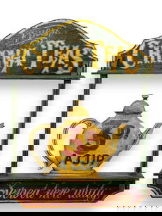 Old? "Finest China Teas" Carved Wood Sign.: It reads, "Finest China Teas, 3 D. a Cup, Served Here Daily". It features a prominent yellow teapot on a green display. There are some Scratches and Paint Loss; overall, it looks to be in Good