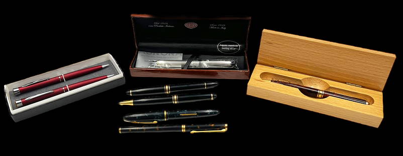 Lot of Vintage Pens- Mont Blanc, Dunhill, etc.: Included are Mont Blanc Meisterstuck pens (ballpoint and fountain), a Garland pen and pencil duo, Alain Gauthier pen w/ wood case, a new in box Aurora sterling ballpoint pen, a Dunhill pen w/ 14k nib,