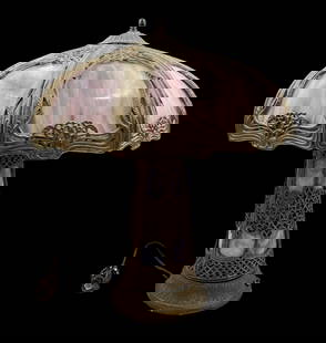 Art Nouveau Slag Glass Lamp w/ Purple Panels.: The Lamp may be Edward Miller - the metal frame of the shade is marked, "ED" on each panel. The Lamp is in Good working condition. Both the base and the 8-panel shade can be lit. It Measures 23"