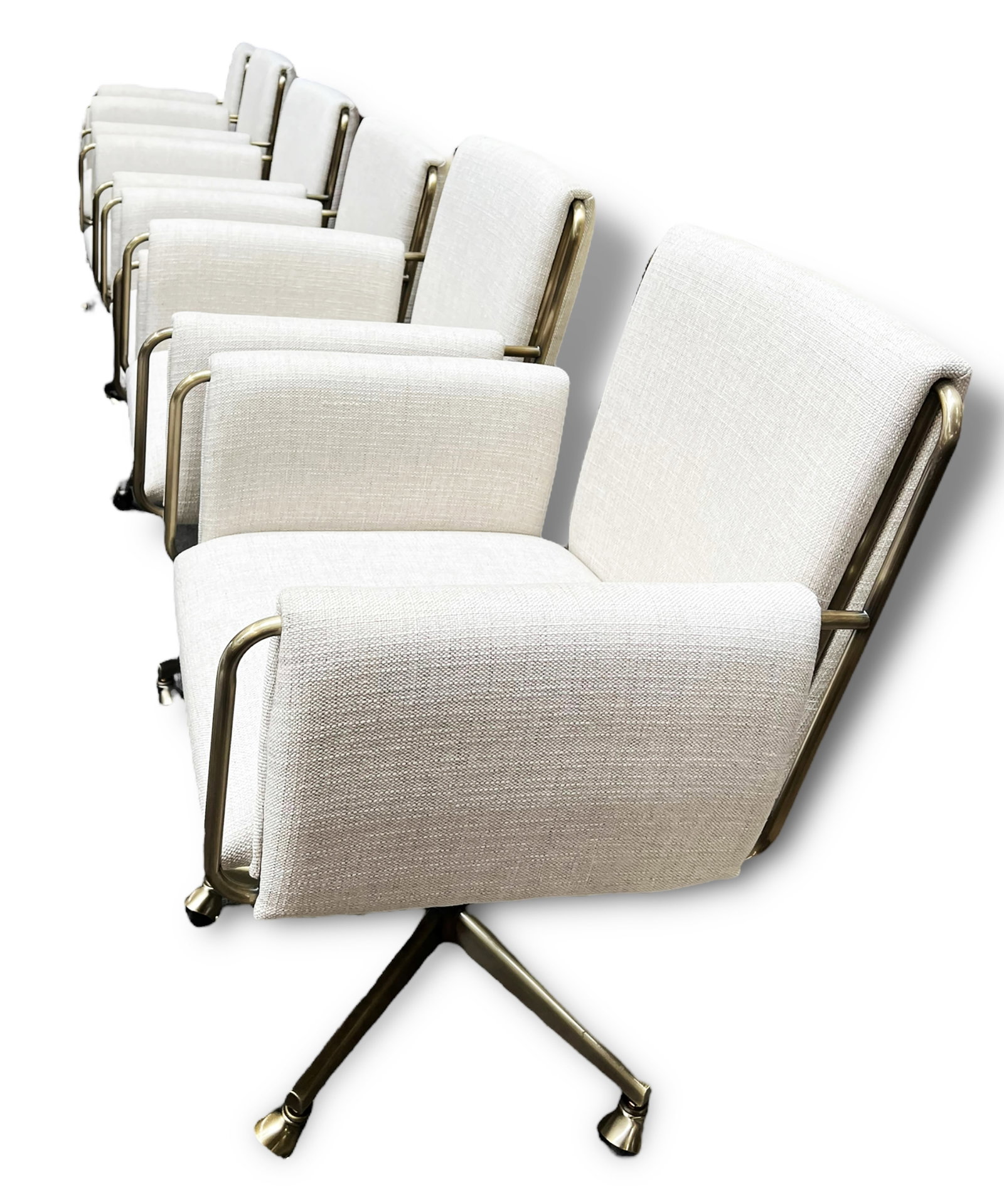 6 Crate & Barrel Caterina Desk Chairs.: This is a set of six Crate & Barrel Caterina desk or conference room chairs with natural brass frames. The chairs are all pneumatic, with adjustable height and tilt tension. Some of the chairs have mi