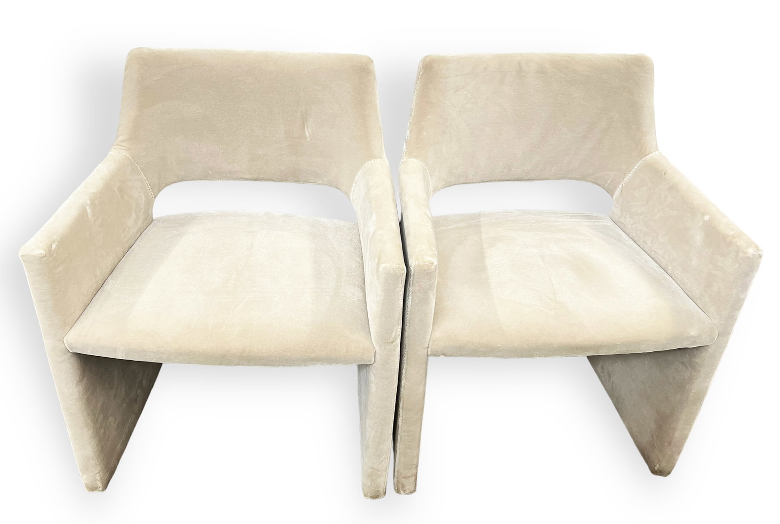 Pair of CB2 Dining Armchairs.: This is a pair of gray "Foley" faux mohair dining armchairs manufactured by CB2, and designed by Caleb Zipperer. Both plush chairs have a few light dirt marks, but are in good overall condition. Each 