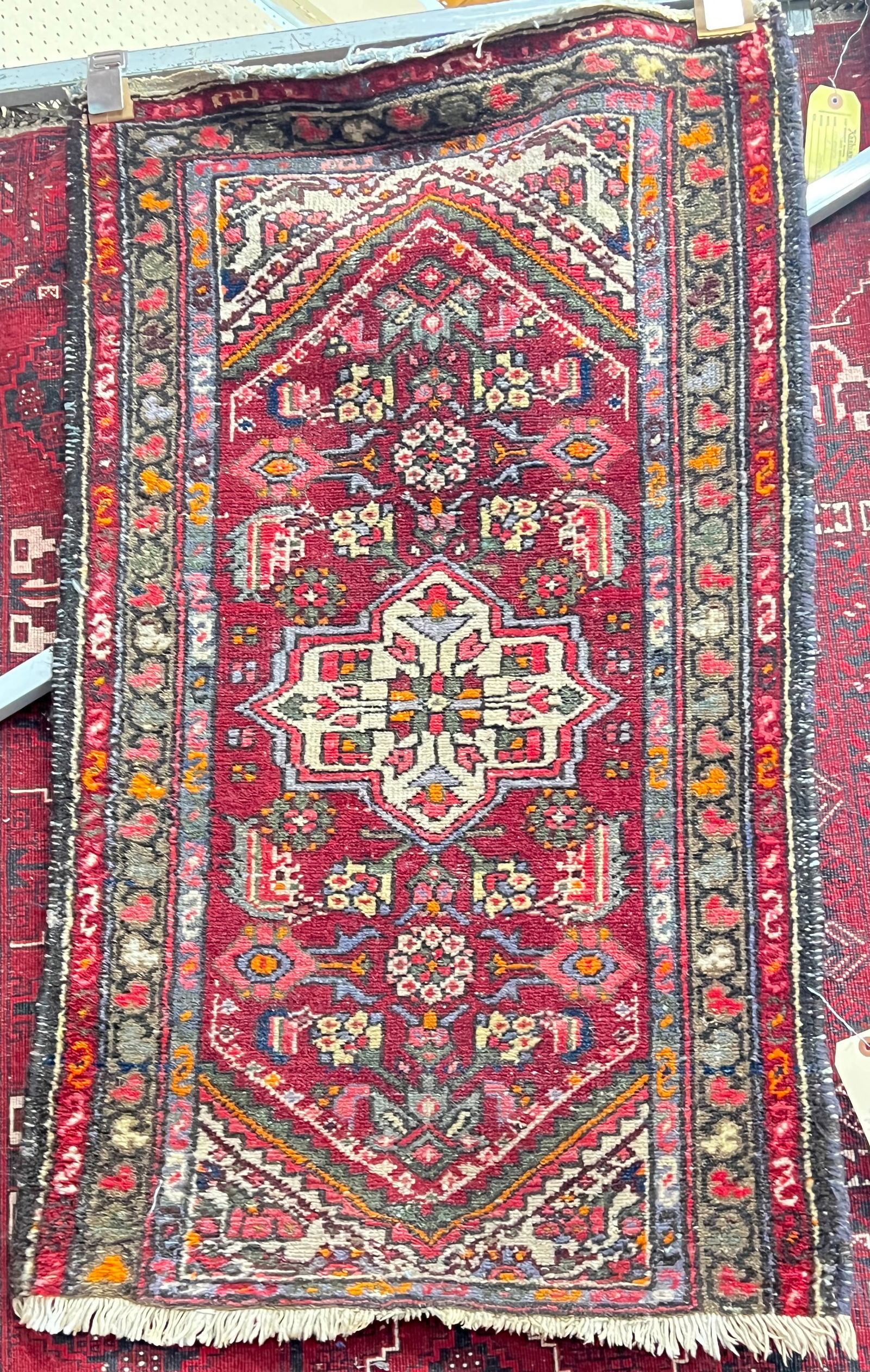 2' 2" x 3' 8" Red Geometric Rug, Shortened.: One end of the Rug is missing its border. Other than that, it's in reasonably good condition. In-House Packing and Shipping Services are Available for this Rug. Please see our Website regarding in-hou