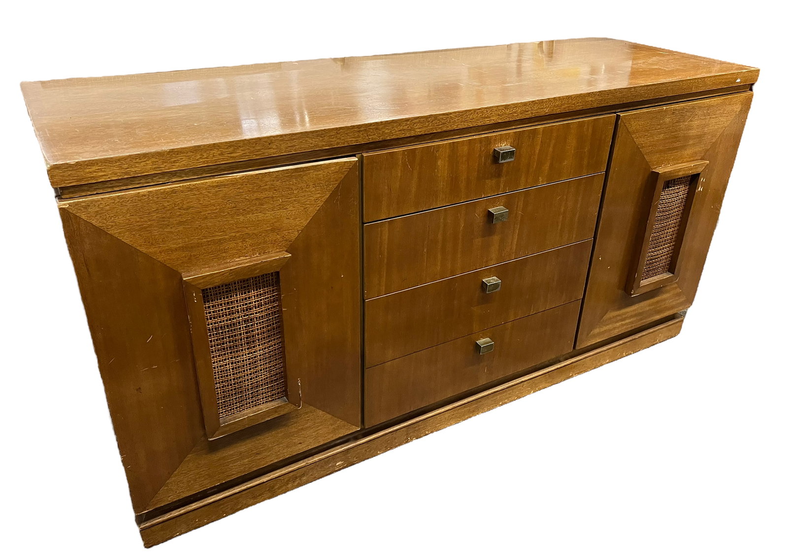American of Martinsville Mid-Century Sideboard.: The piece is in as is condition. The Interior is fitted with one drawer. It measures 60" x 20" x 31". Third-party freight shipping or personal pickup is required. Please see our website for our shippi