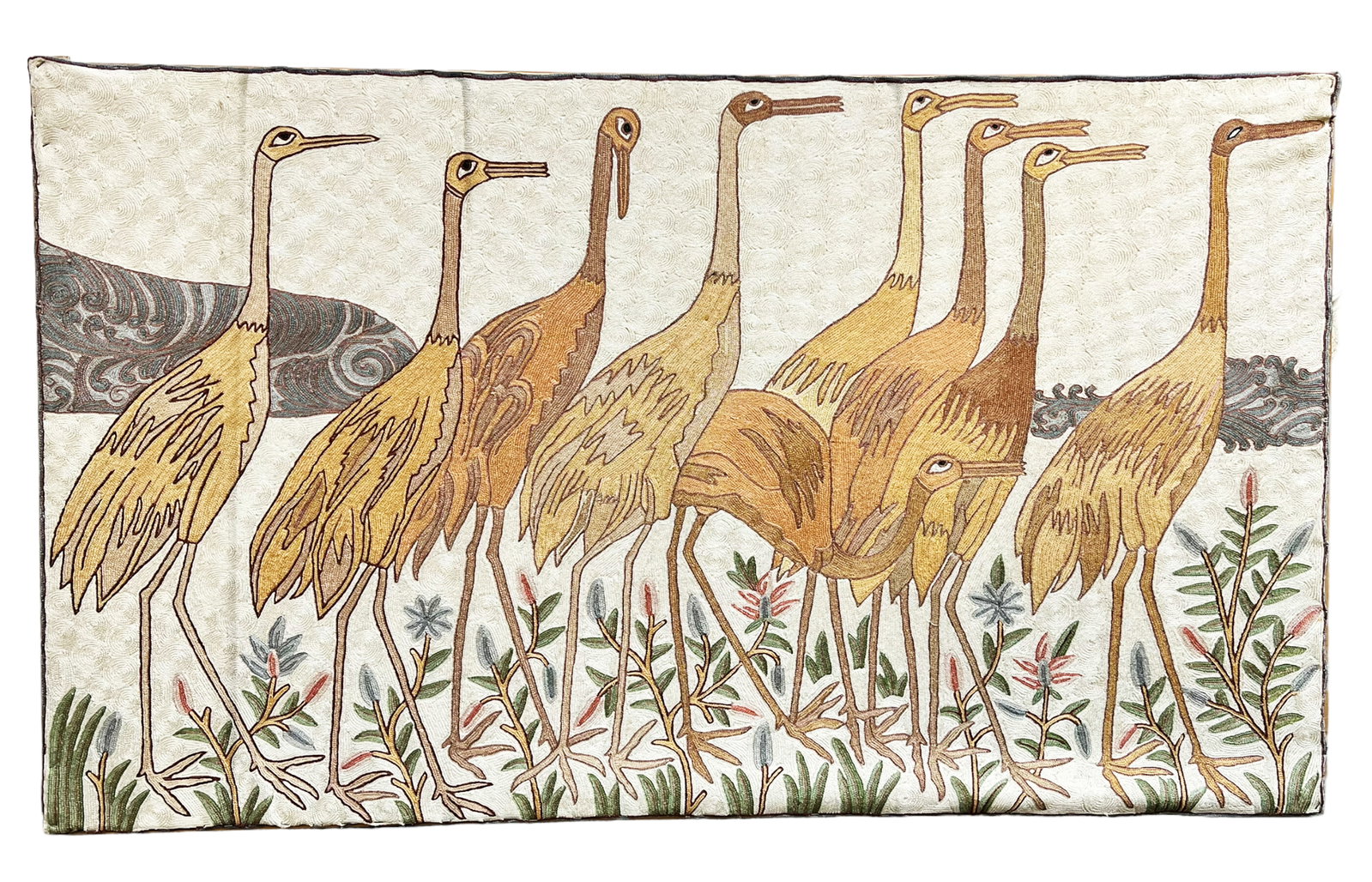 Lg. Unframed Embroidered Picture of Birds.: This is a large embroidered picture of herons, storks or cranes parading in a line. The fabric has a few dirt spots. It measures 60 1/2" wide and 35" tall. Third-Party Freight Shipping or Personal Pic