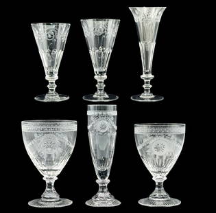 William Yeoward 26 Pc. Lot of Crystal Stemware.: These are Signed on the bottom. The lot is made up of two different William Yeoward patterns- "Pearl" and "Bunny". In the "Pearl" style there are Three 7 1/4" flutes, Six 6 1/8" large goblets, and