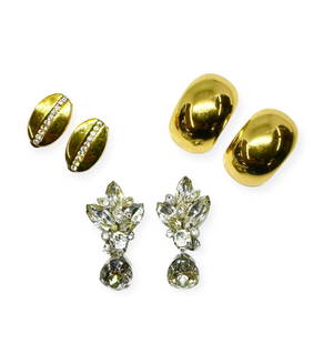 Lot: 3 Pair of Signed Designer Costume Earrings.: The lot includes a Pair of Eisenberg Ice Rhinestone Earrings, a Pair of Christian Dior Earrings, and a Pair of Ralph Lauren Earrings. The Largest Pair is the Eisenberg Ice Earrings, which measure 1 3/