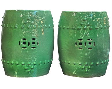 Pair of Green Chinese Pottery Garden Seats.: These are in Good Overall Condition, with some wear to use. They measure 17 3/8" tall and 13" wide at its widest point. Third-Party Shipping or Personal Pickup is Required. Please See Our Website for