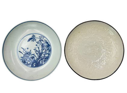 Lot of 2 Chinese Porcelain Plates.: One of the Plates has a Silver Colored Metal Rim. The other blue & white has plate has a mark. The blue & white plate measures 1 3/4" tall and 8 3/4" in Diameter. In-house shipping is available. Pleas