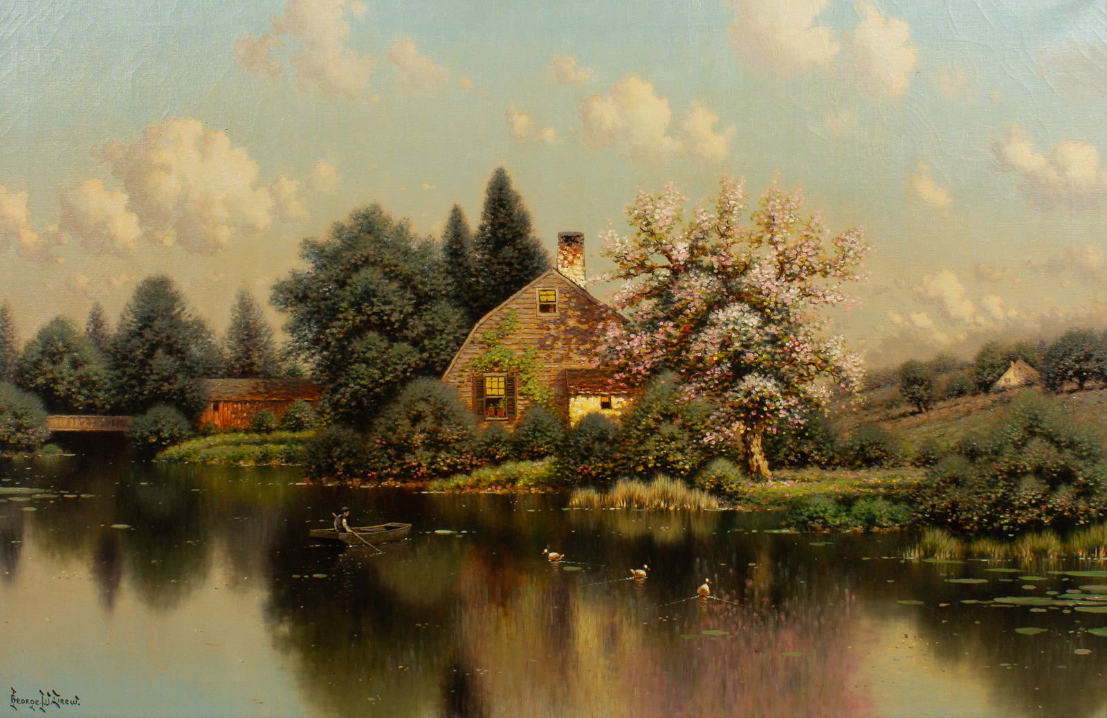 Idyllic Cottage Scene Painting, George W. Drew. (1 of 8)