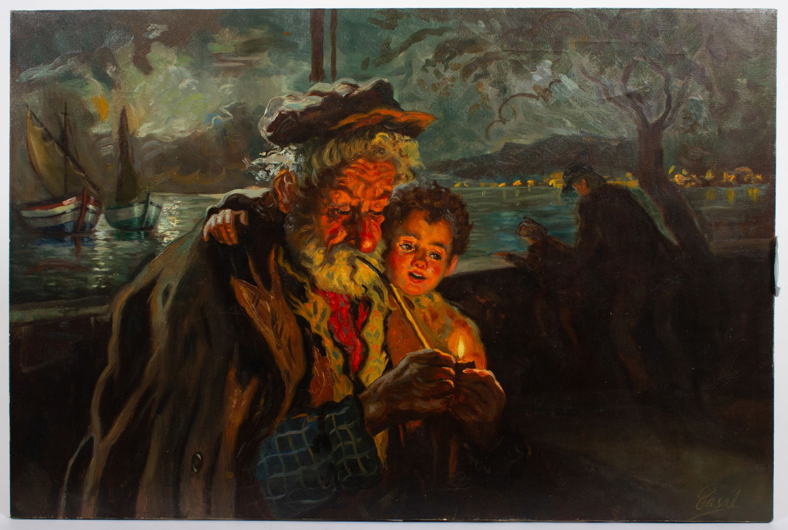 Unframed Painting of Man & Boy, Manuel Casal. (1 of 6)