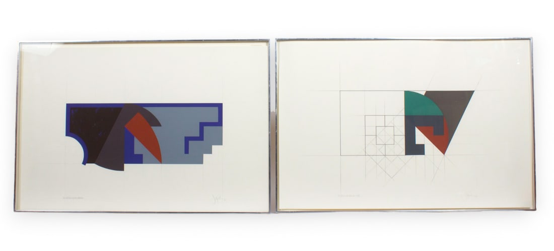 Pr. of Abstract Silkcreens, John Pearson.: John Pearson (United Kingdom, b. 1940). Both silkscreens on paper are pencil signed and titled to their lower margins. The predominantly blue one is titled "2 Negatives & Section: Cadyenchin", and is