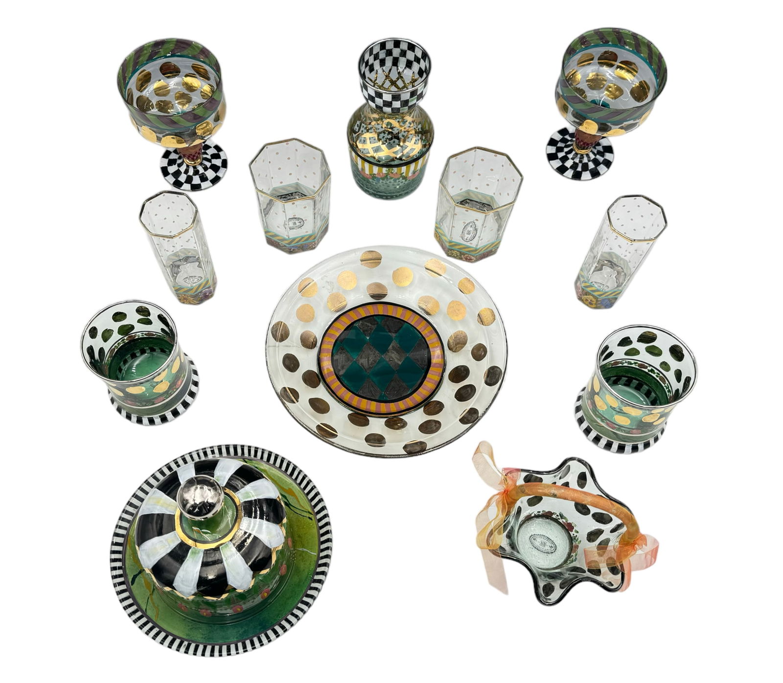 MacKenzie-Childs Lot of 13 Painted Glass Dishes. (1 of 4)