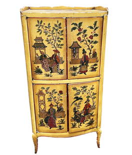 Painted Asian Style Cabinet.: This four door cabinet is covered with painted Asian decorations. The piece is structurally intact, though the finish is distressed. There is one shelf in each cabinet. It measures 20" x 15" x 40". Th