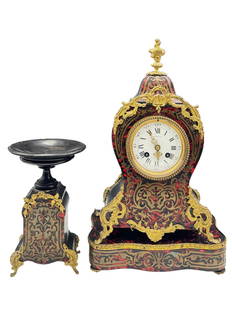 French 3 Pc. Clock Set w/ Gilt Bronze Ormolu.: This Partial Boulle Clock Set is likely 19th Century. All three pieces are wood with a red veneer and ornate gilt bronze ornamentation. The mantel clock is marked, "E. Perier" on the face. The inner w