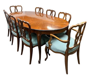 Kindel Dining Table with Server & Eight Chairs.: This beautiful light wood Kindel table comes with three leaves and is marked on the underside. The chairs and server are unmarked, so it is unknown if they are Kindel or not. The chairs have green uph