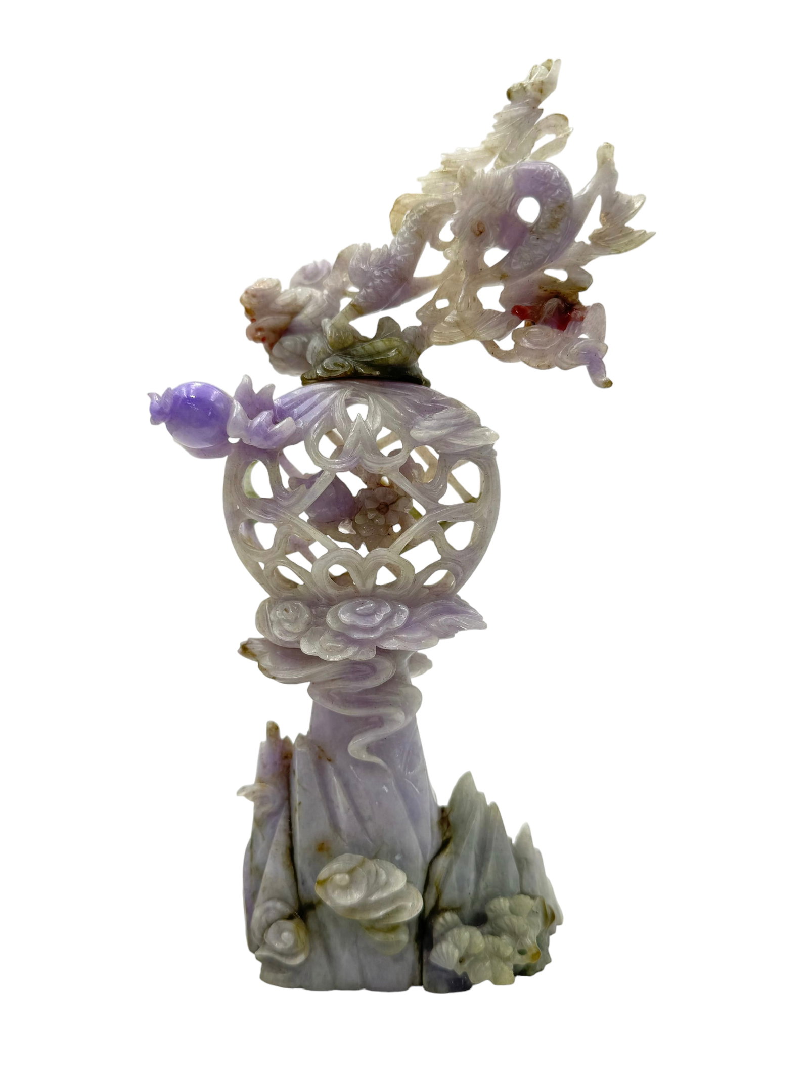 Lavender Jade Chinese Carving with Dragon.: The carving has some natural cracks - it looks to be in good overall condition. It measures 9" tall. In-House Shipping is Available. Please See our Website Regarding In-House Shipping Procedures.