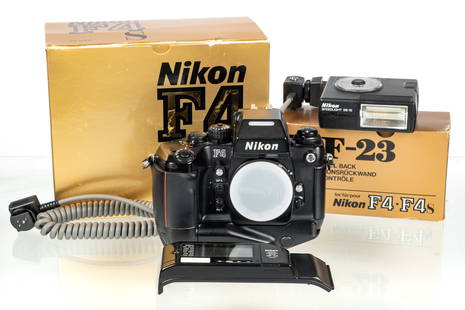 Nikon F4s Camera Body with Accessories, AS IS.: The F4s body comes with an MF-23 Multi-Control Back, a Nikon SB-15 speedlight flash, and a Nikon SC-17 sync chord. All accessories are untested. The F4s body looks very clean, though the MB-21 battery