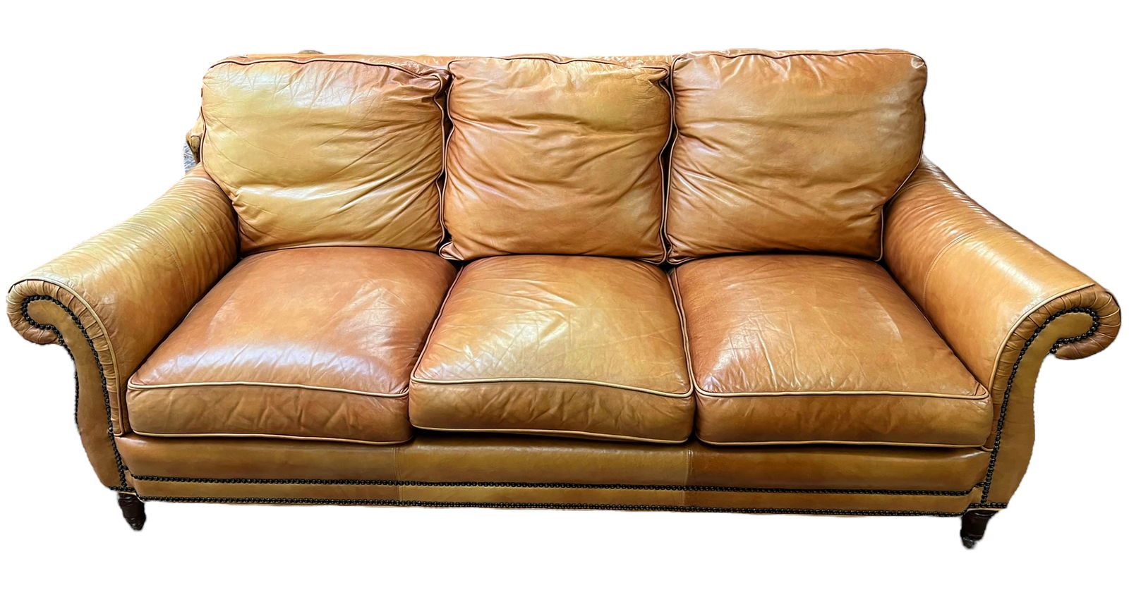 Whittemore Sherrill Ltd. Leather Sofa, AS IS.: The Sofa is made of a nice, Brown leather, with tacks or studs along the arms and bottom of the Sofa. There is wear on the Arms, and some pretty severe wear along the back corners, along with a couple
