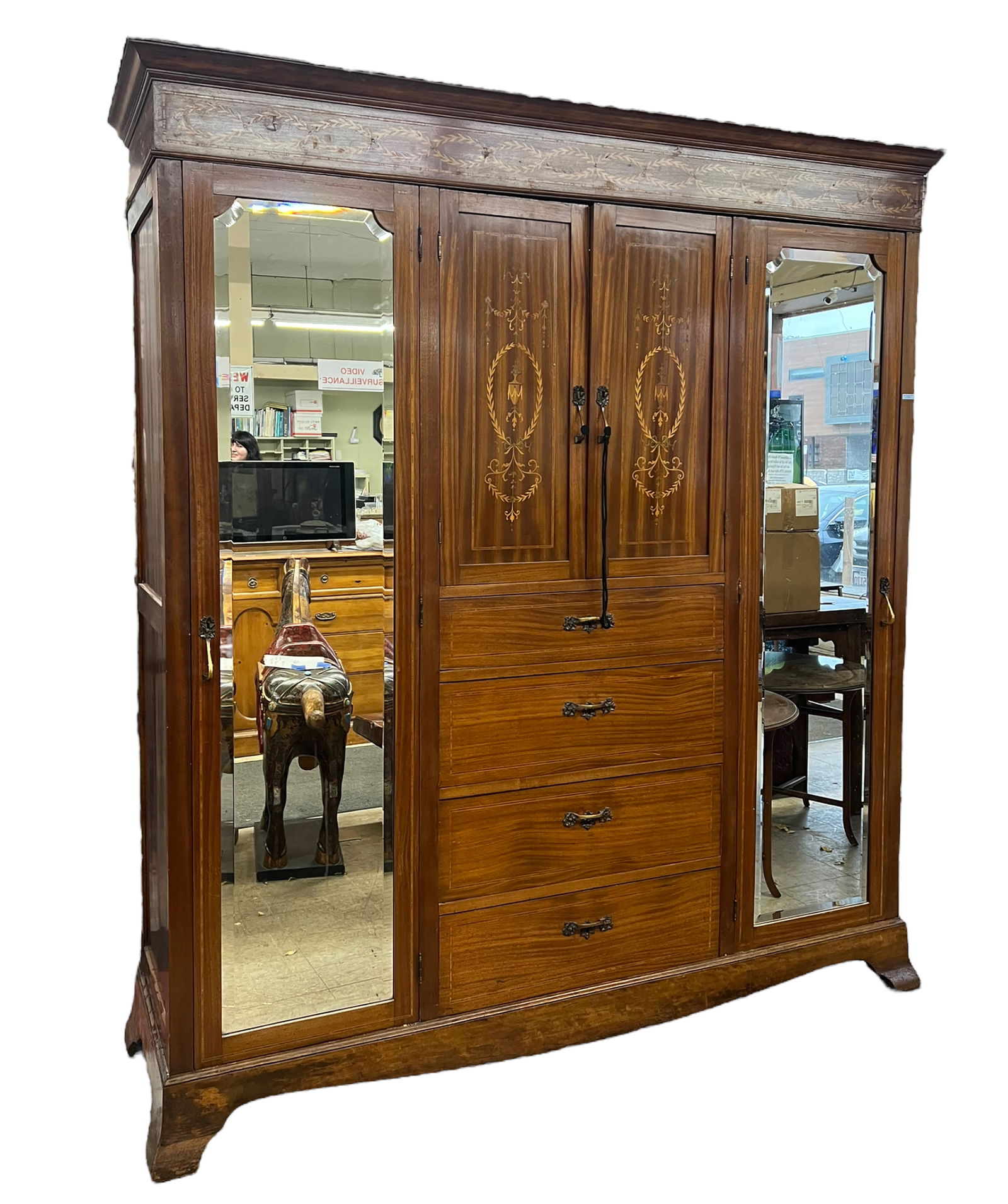 Large Old Inlaid Wood Armoire. (1 of 2)