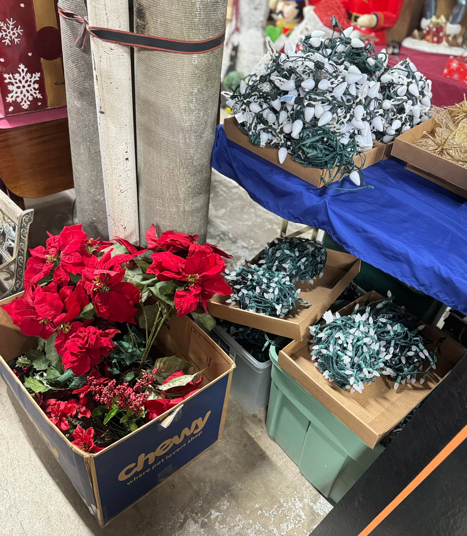 Lot of Assorted Christmas Lights, Mostly White.: Most appear to be in Good working condition. There is some tape present, from when multiple sets were joined together. Also included in the lot are some artificial poinsettias and holly berries. In-Ho