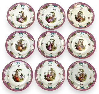 Set of 9 Meissen Plates with Courting Scenes.: These are Hand painted with pink and white checked borders, flowers, and different depictions of courting couples. The backs of the plates have Blue Crossed Swords markings. The Plates look to be in N