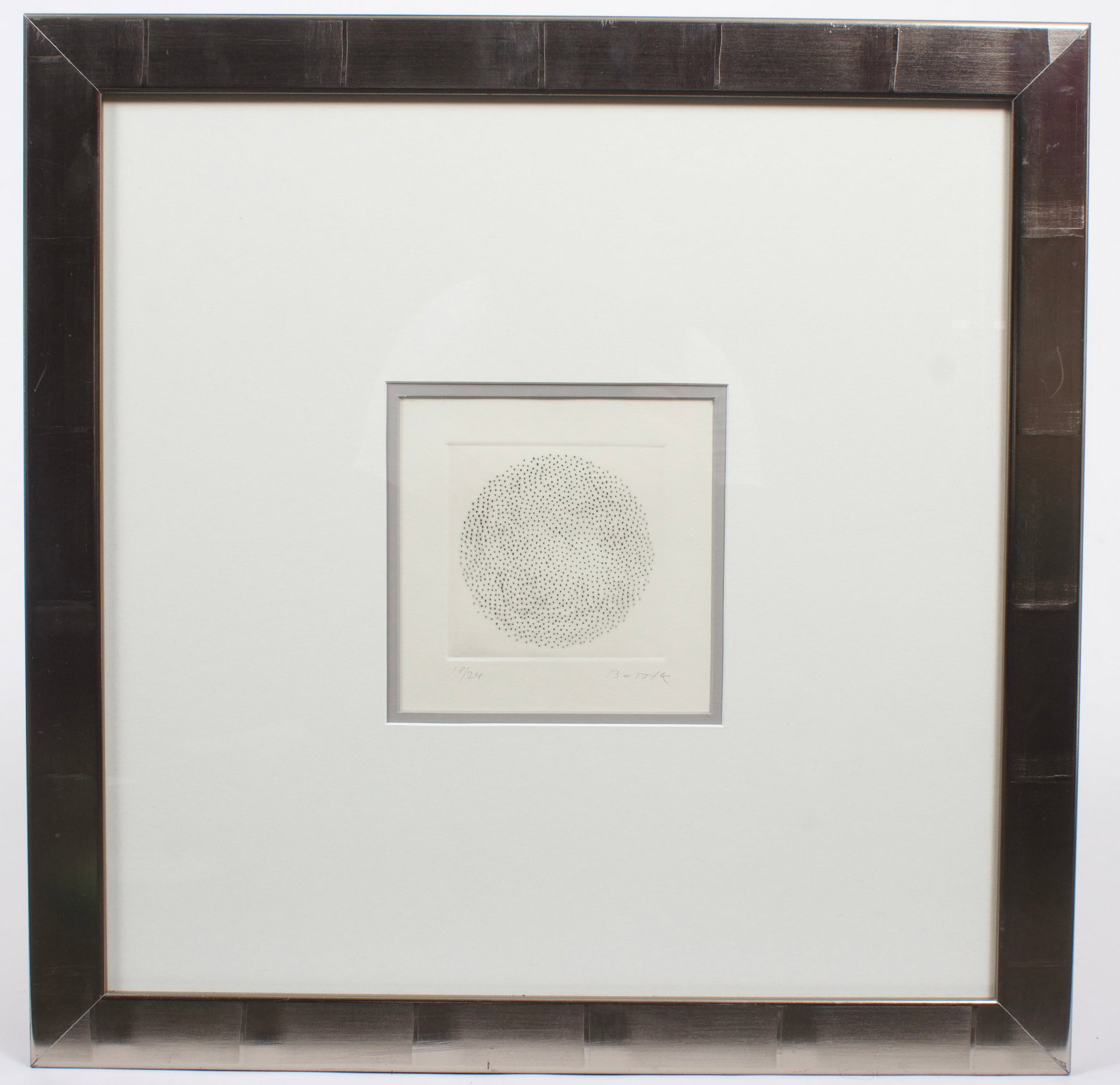 Minimalist Abstract Etching, Vaclav Bostik.: Vaclav Bostik (Czech, 1913-2005). This limited edition etching or drypoint is pencil signed "Bostik" lower right, and numbered 18 of 24, lower left. The work shows a black stippled circle. The print i