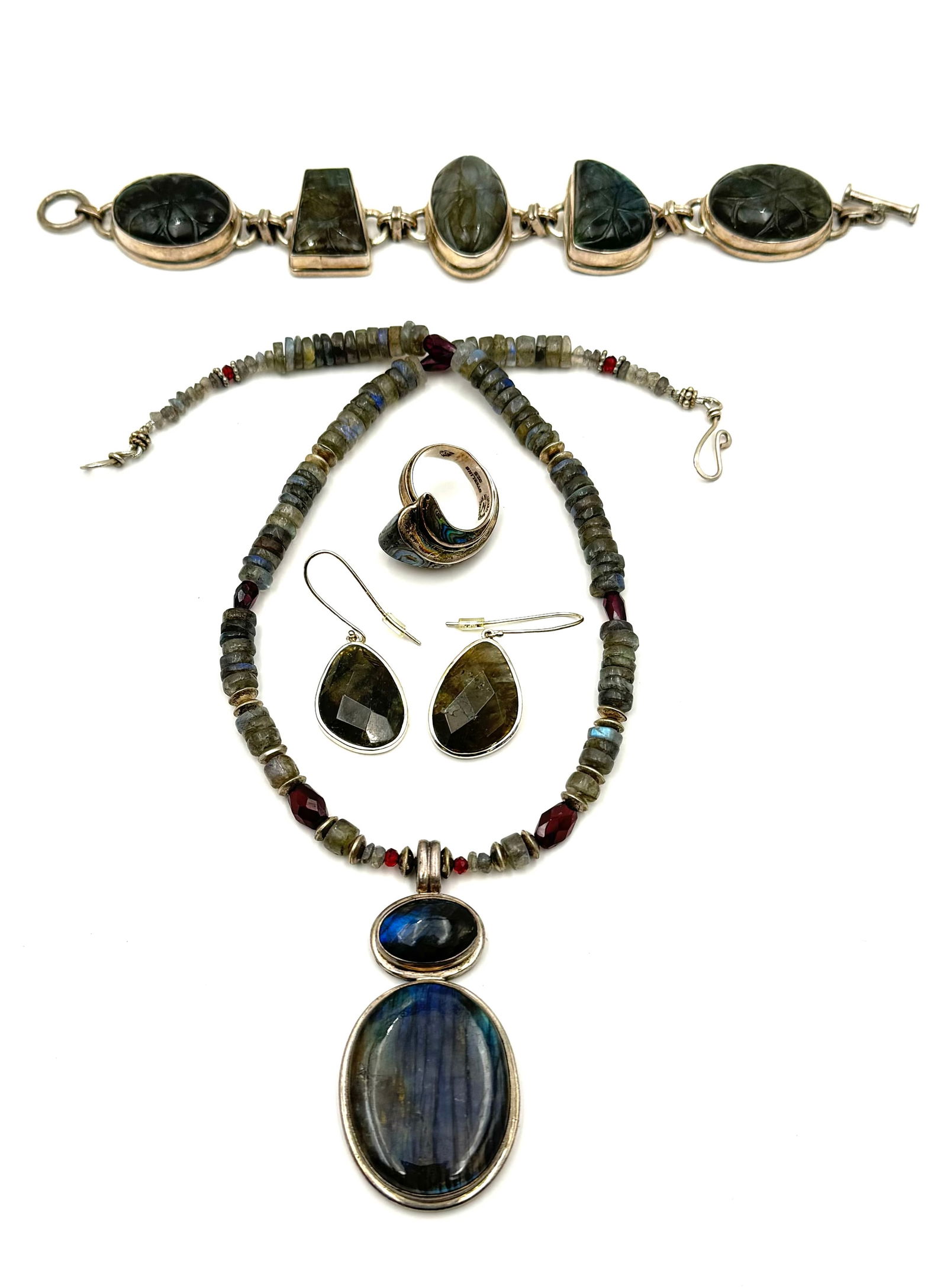 Lot: Sterling Jewelry w/ Mostly Iridescent Stones. (1 of 2)