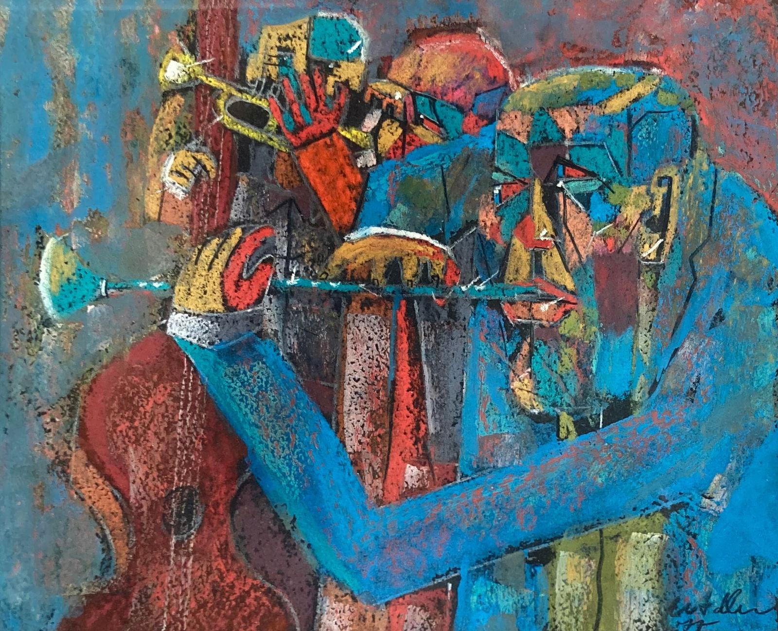 Signed Cubist Mixed Media Artwork of Musicians. (1 of 4)