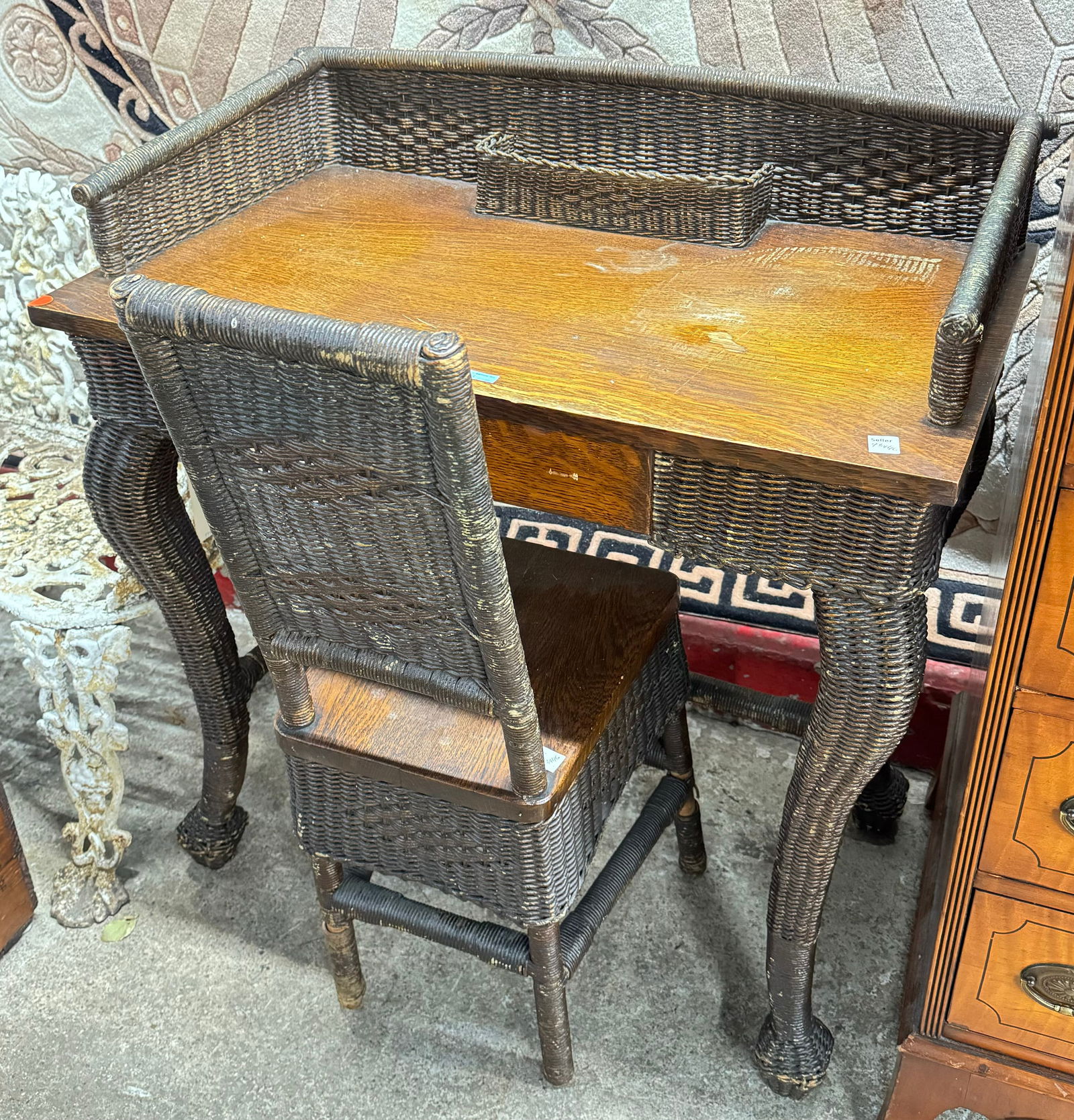 Vintage Oak and Wicker Desk with Chair. (1 of 1)