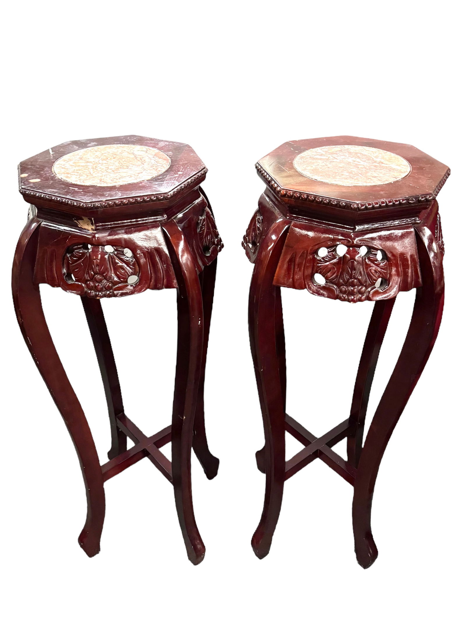 Pair of Carved Chinese Tall Redwood Stands. (1 of 2)