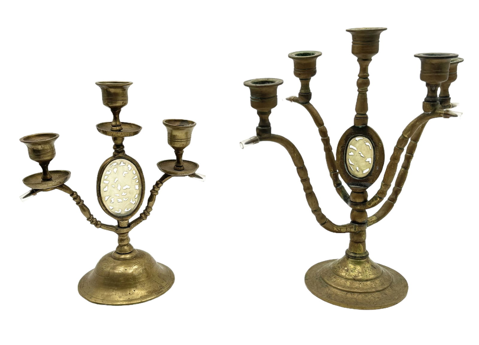 Lot of 2 Chinese Brass Candeleabra.: These both have Carved Jade Oval Inserts. They measure 9 3/4" and 8" tall. In-House Shipping is Available. Please see our Website regarding In-House Shipping Procedures.
