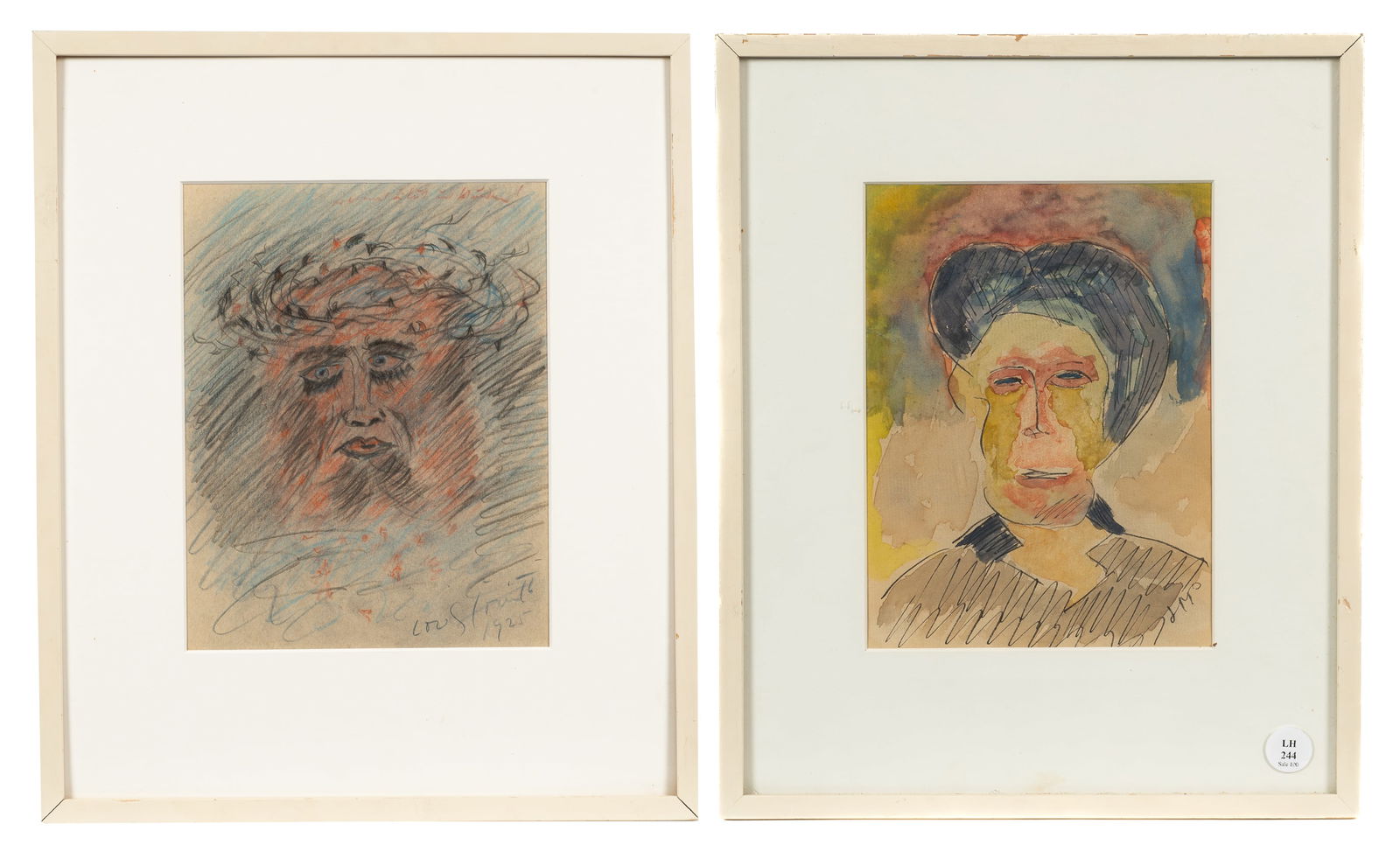 Lot of 2 Portraits - Corinth, etc.: This lot contains two portraits: one is signed "Lovis Corinth, 1925" (German, (1858 - 1925), and the other is signed "JM". The first is a colored pencil drawing on paper, and the other is a watercolor