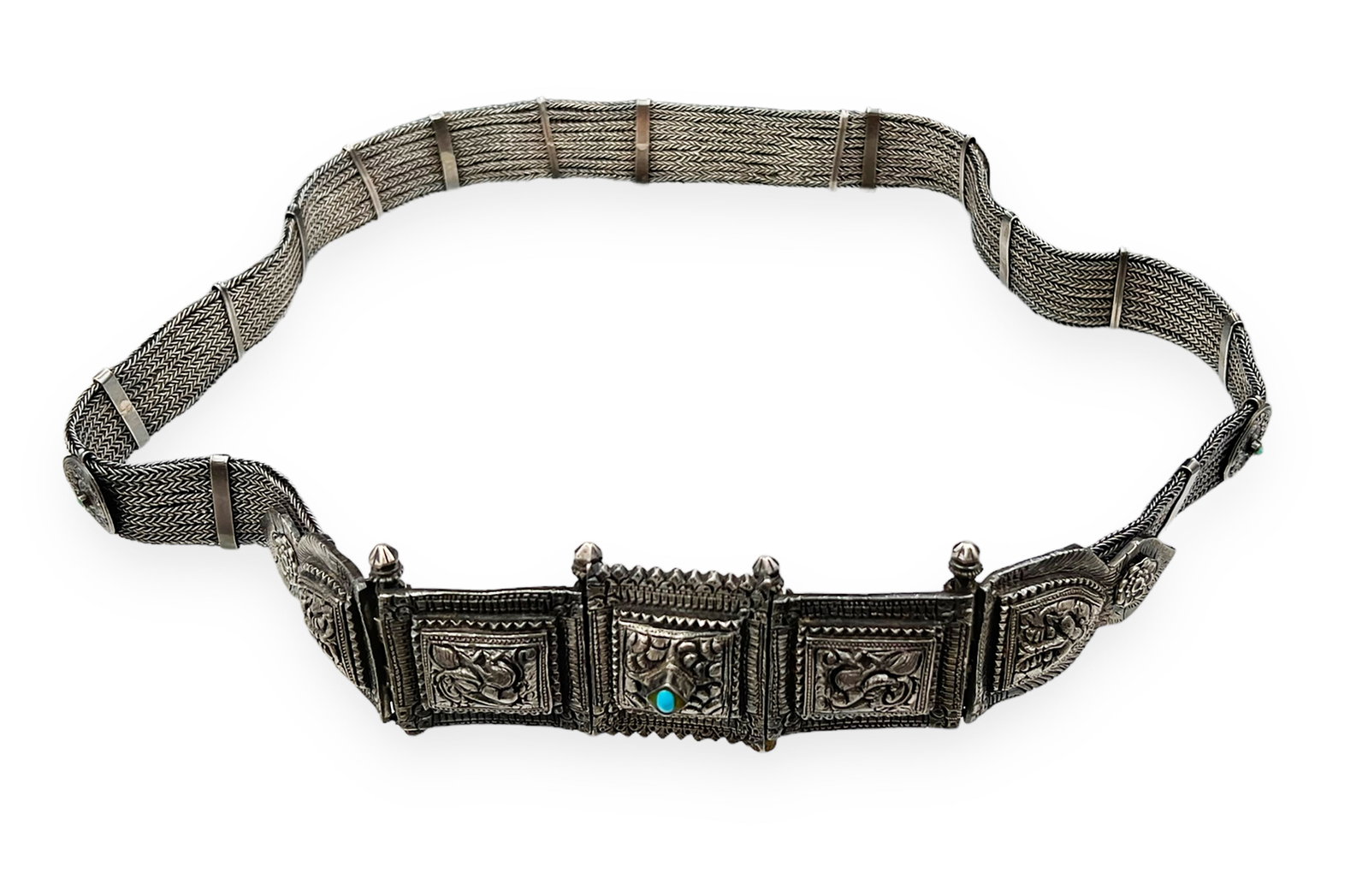 Ornate Silver Belt with Turquoise Details.: There are no hallmarks present, but it tests as Silver. The belt measures approximately 30" in length. It is 1 3/4" wide at its widest point, and 1" at its most narrow. It weighs 12.81 Troy Ounces. Th