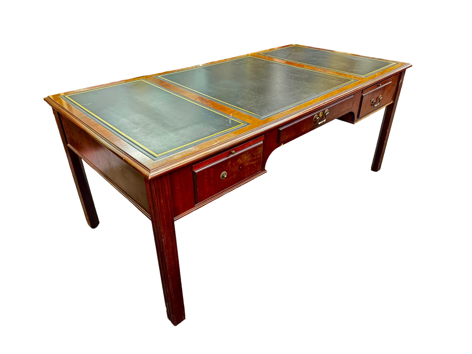 Jofco Leather Top Desk, AS IS.: This Traditional Style Desk is missing some trim along the lower right hand side, and there is some veneer damage as well. There is a handle missing from the left hand drawer, and a scuff on the leath