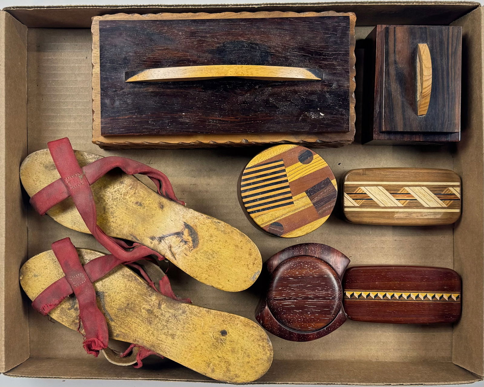 Lot: Carved Tiki Hut Shoes, Artisan Wood Boxes. (1 of 1)