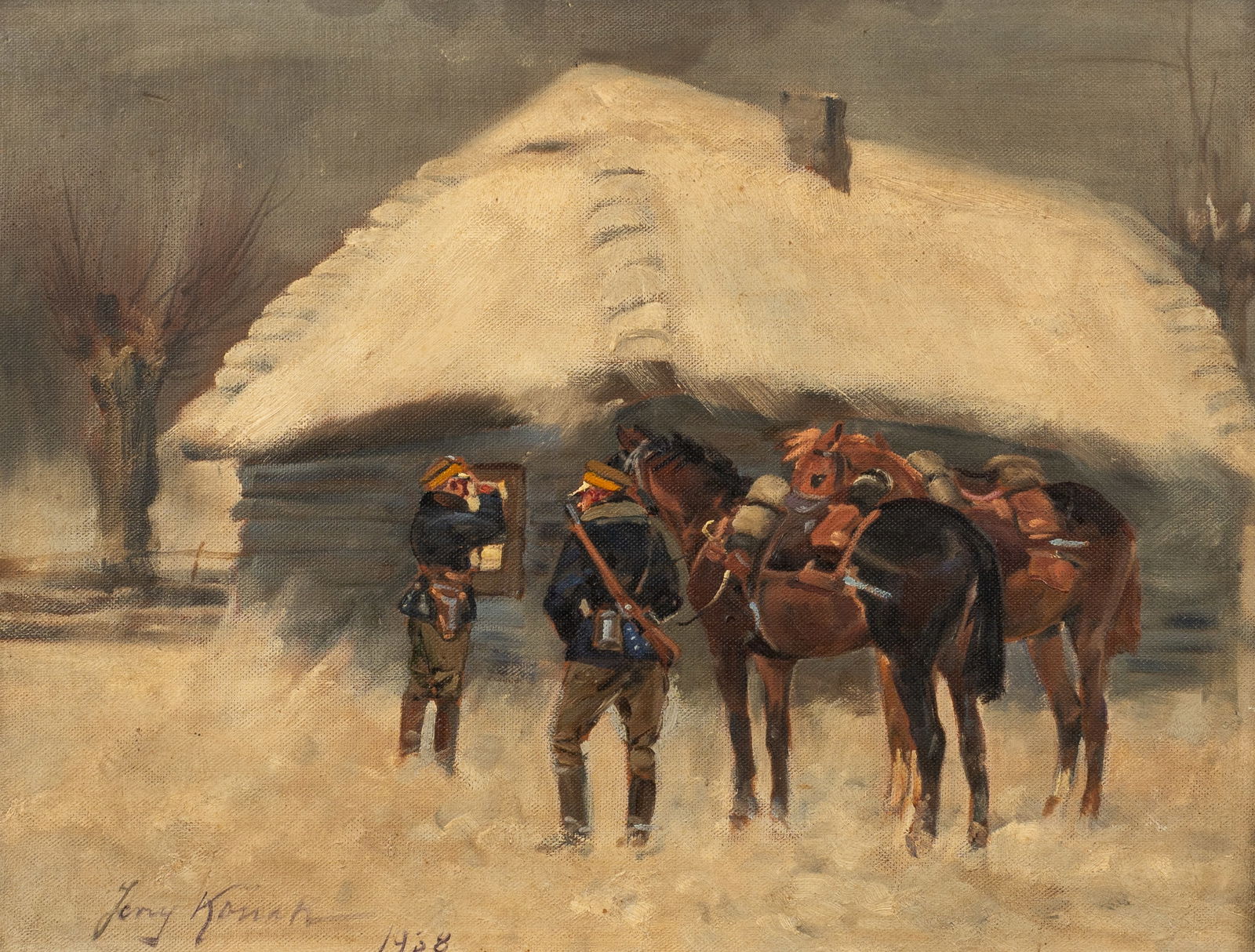 Painting, Military Men with Horses, Jerzy Kossak. (1 of 7)