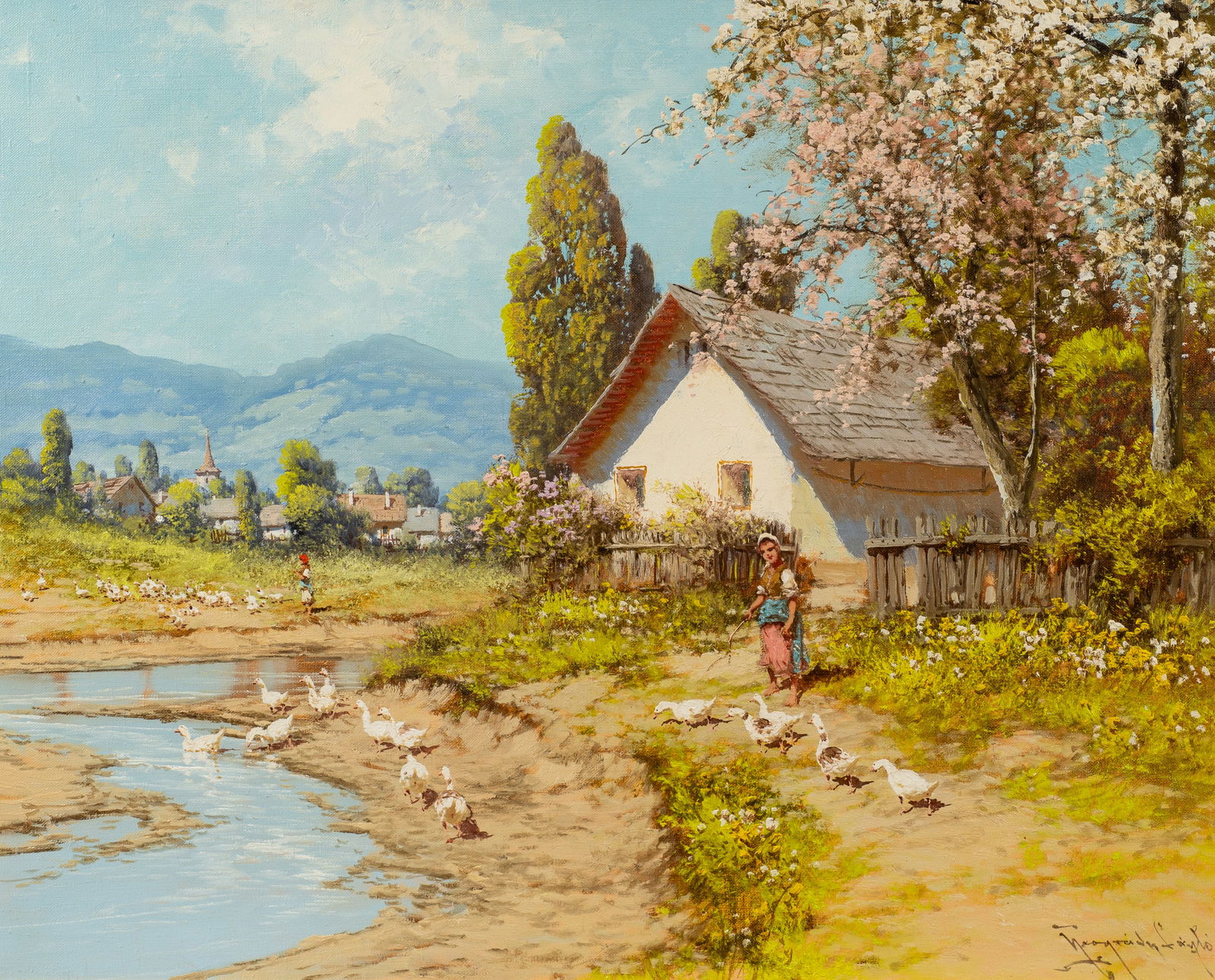 Women with Geese, Sgd. Laszlo Neogrady.: Laszlo Neogrady (Hungarian, 1896-1962). This oil painting on canvas is signed lower right. It depicts women guiding their flocks of geese. There is a copyright stamp en verso. It is housed in a white-