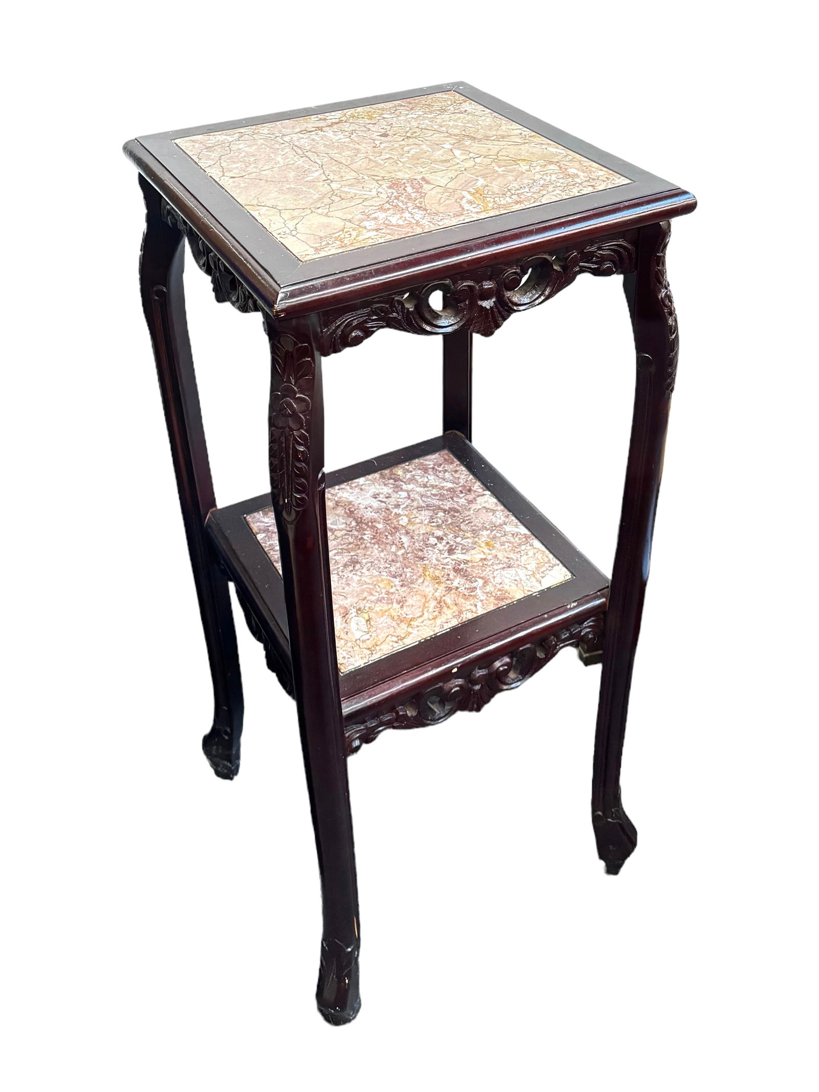 Chinese Carved Wood & Marble Two-Tier Stand. (1 of 2)
