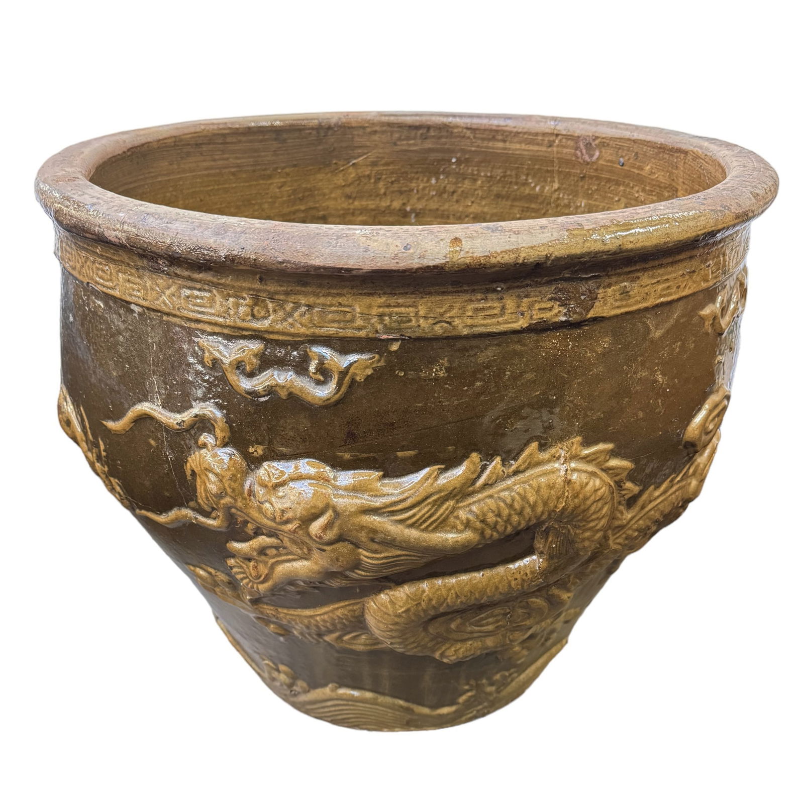 Large Asian Pottery Egg Pot w/ Dragon Design. (1 of 3)