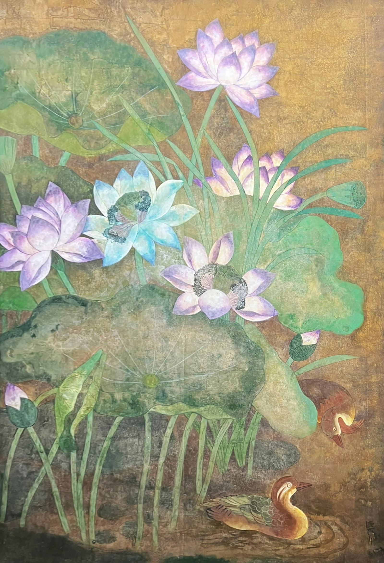 Large Painting of Water Lillies by Lim Ha Shan.: Lim Ha Shan (Korean, b. 1945). This massive gouache painting on board-mounted paper was created for the atelier of Karl Mann (American, b. 1930). A horizontal version of this piece was featured in the