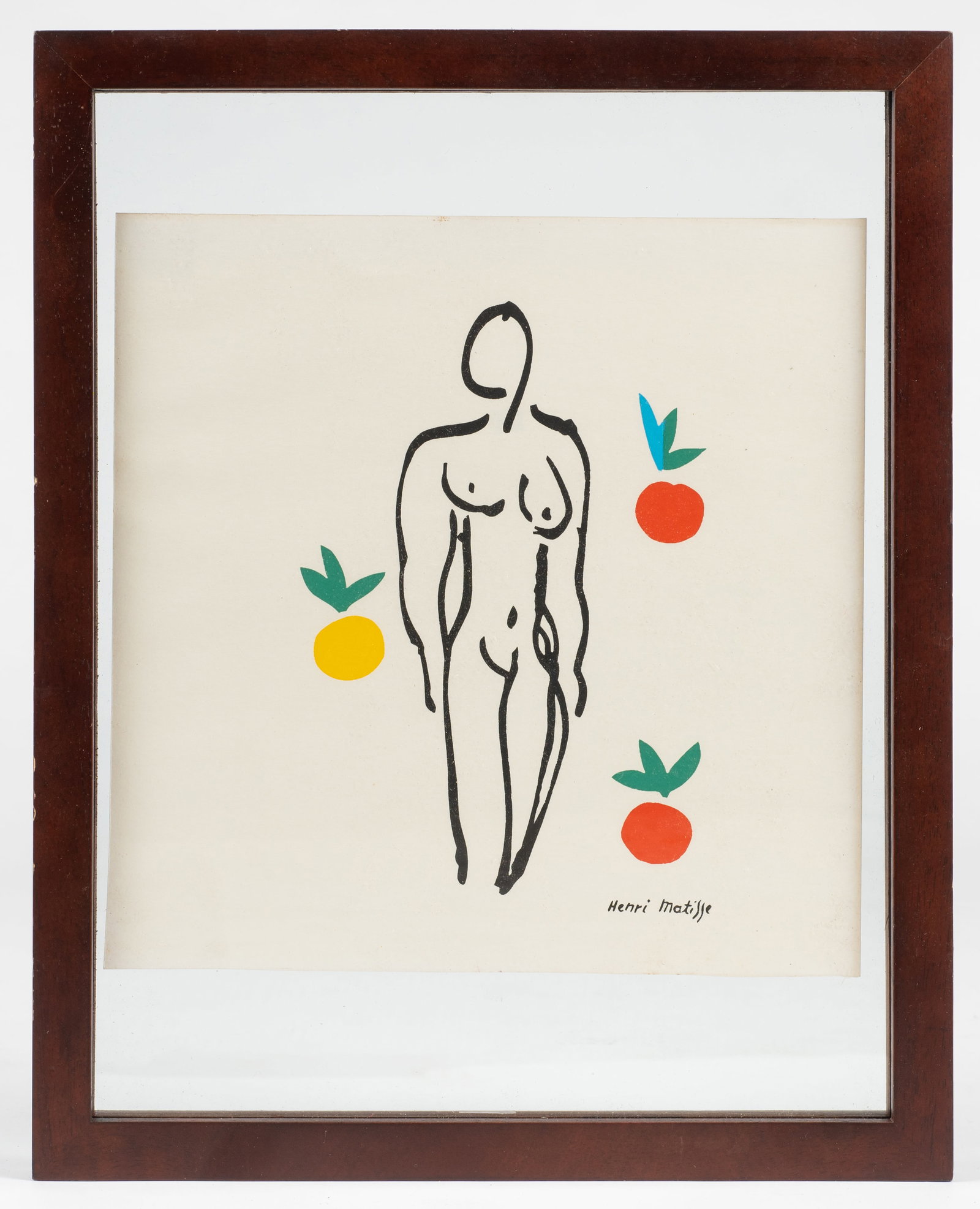 Framed Henri Matisse Print, "Nude with Oranges".: This Print has an in-print signature lower right. The sheet shows signs of toning to its edges. It is floated in a simple wooden frame. The frame has a few scuffs. The sheet measures 10" x 10". The fr