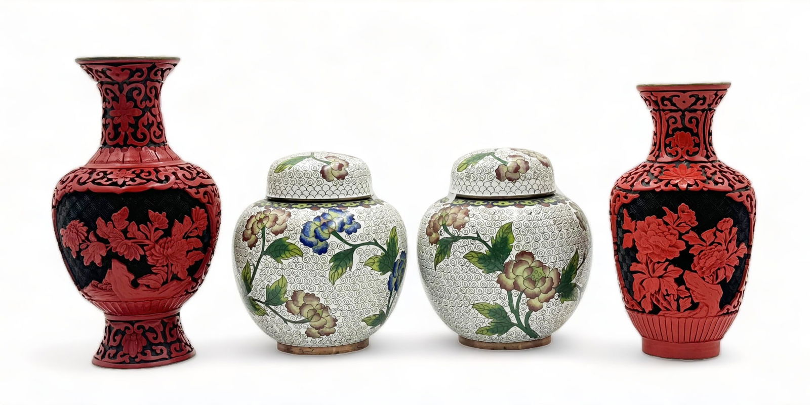 Lot: 2 Cinnebar Vases & Pair of Cloisonne Jars. (1 of 3)