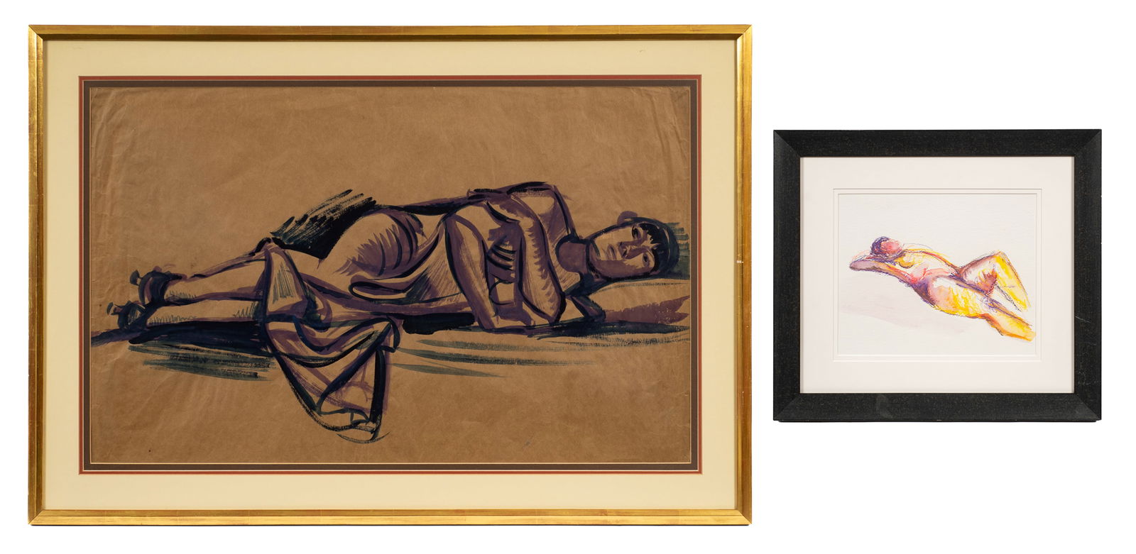 Lot of 2 Unsigned Figural Portraits.: This lot contains two female portraits: a reclining nude and a larger portrait of a woman in a dress, with heels lying on her side. The smaller portrait was created with watercolor and colored pencil.