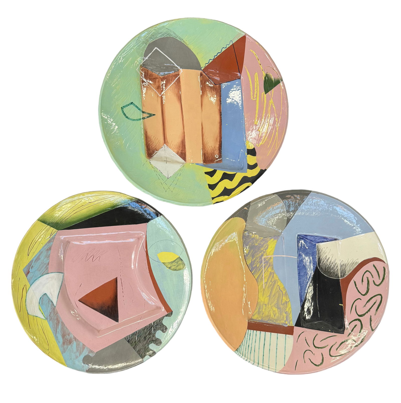 3 Patrick Laughran from Karl Mann Atelier Chargers: These Large Chargers are Terra Cotta, possibly Mid-Century. They are signed on the Backs. They can be displayed on a wall or on a table. They are in good overall condition. Patrick Laughran has had is